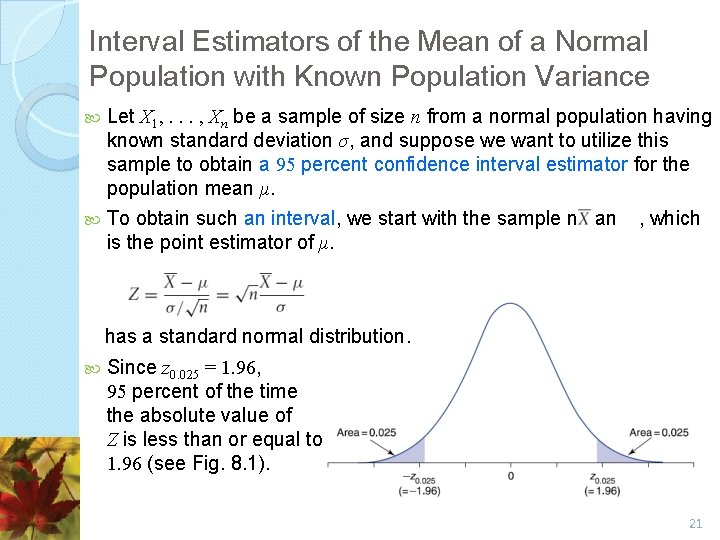 Interval Estimators of the Mean of a Normal Population with Known Population Variance Let