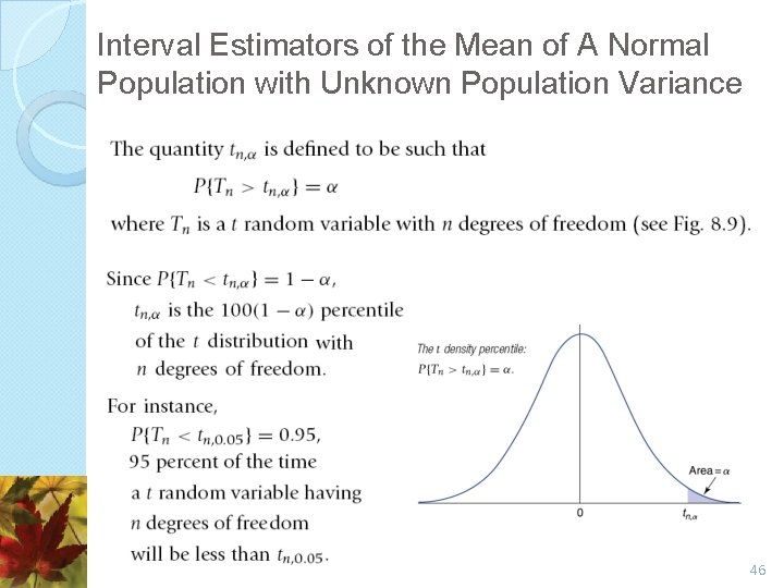 Interval Estimators of the Mean of A Normal Population with Unknown Population Variance 46 Interval Estimators of the Mean of A Normal Population with Unknown Population Variance 46
