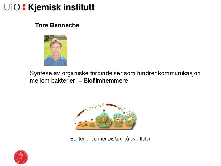 Tore Benneche Syntese av organiske forbindelser som hindrer kommunikasjon mellom bakterier – Biofilmhemmere Bakterier