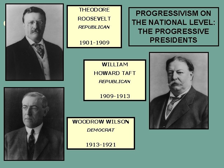 THEODORE ROOSEVELT REPUBLICAN 1901 -1909 PROGRESSIVISM ON THE NATIONAL LEVEL: THE PROGRESSIVE PRESIDENTS WILLIAM