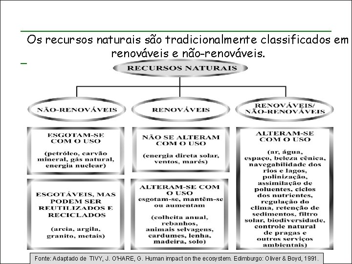 Os recursos naturais são tradicionalmente classificados em renováveis e não-renováveis. Fonte: Adaptado de TIVY,