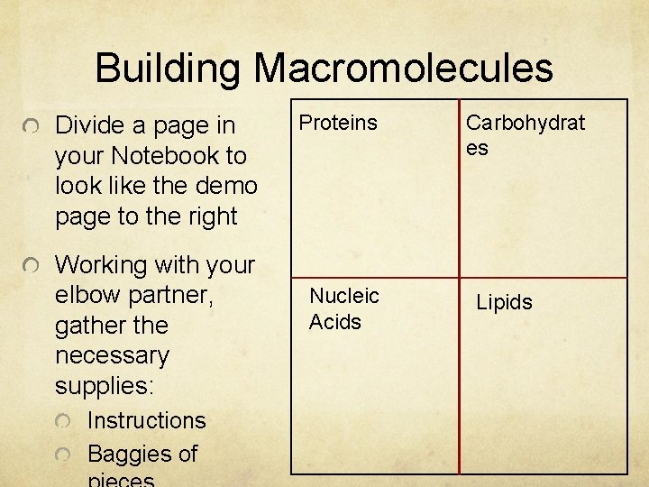 Building Macromolecules Divide a page in your Notebook to look like the demo page