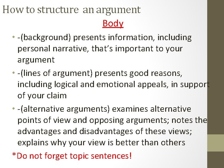 How to structure an argument Body • -(background) presents information, including personal narrative, that’s How to structure an argument Body • -(background) presents information, including personal narrative, that’s