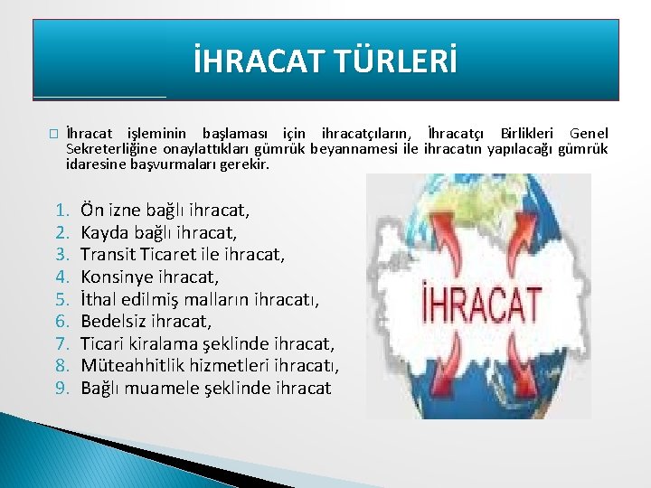 İHRACAT TÜRLERİ � İhracat işleminin başlaması için ihracatçıların, İhracatçı Birlikleri Genel Sekreterliğine onaylattıkları gümrük