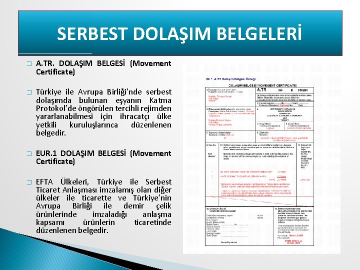 SERBEST DOLAŞIM BELGELERİ � A. TR. DOLAŞIM BELGESİ (Movement Certificate) � Türkiye ile Avrupa