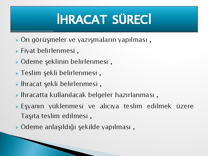 İHRACAT SÜRECİ Ø Ön görüşmeler ve yazışmaların yapılması , Ø Fiyat belirlenmesi , Ø