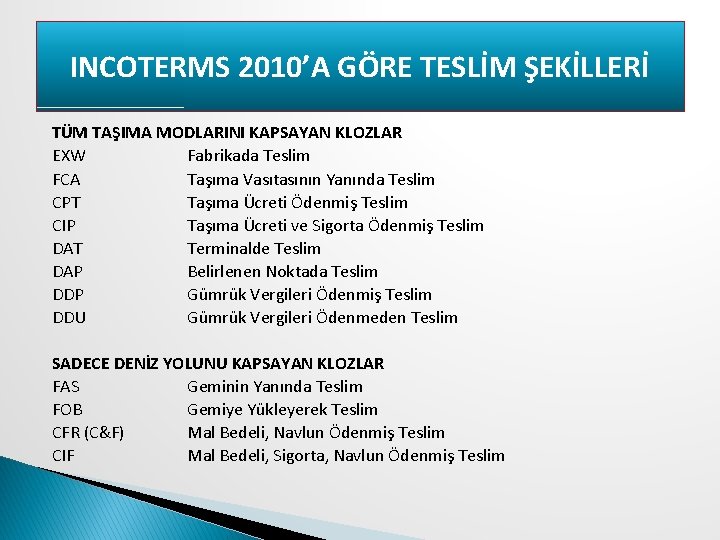 INCOTERMS 2010’A GÖRE TESLİM ŞEKİLLERİ TÜM TAŞIMA MODLARINI KAPSAYAN KLOZLAR EXW Fabrikada Teslim FCA