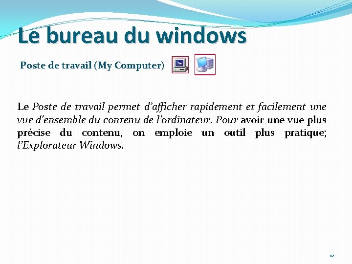 Le bureau du windows Poste de travail (My Computer) Le Poste de travail permet