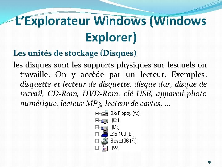 L’Explorateur Windows (Windows Explorer) Les unités de stockage (Disques) les disques sont les supports