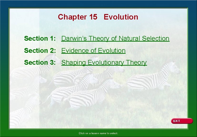 Chapter 15 Evolution Section 1: Darwin’s Theory of Natural Selection Section 2: Evidence of