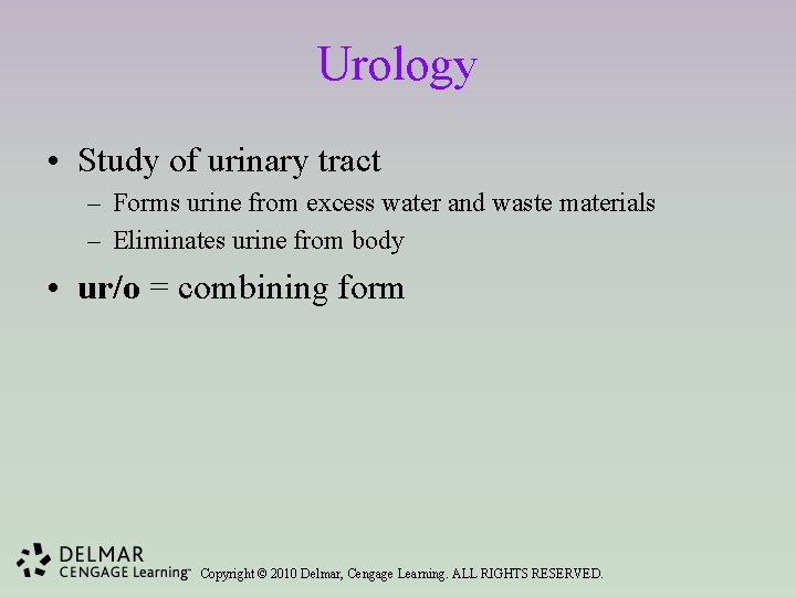 Urology • Study of urinary tract – Forms urine from excess water and waste