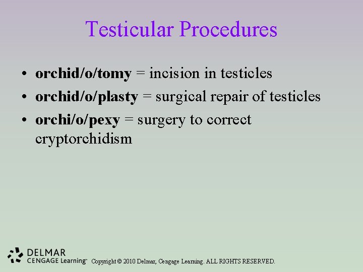 Testicular Procedures • orchid/o/tomy = incision in testicles • orchid/o/plasty = surgical repair of