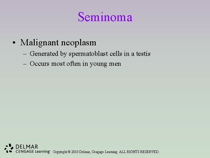 Seminoma • Malignant neoplasm – Generated by spermatoblast cells in a testis – Occurs