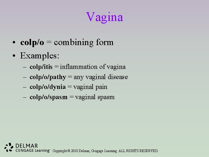 Vagina • colp/o = combining form • Examples: – – colp/itis = inflammation of