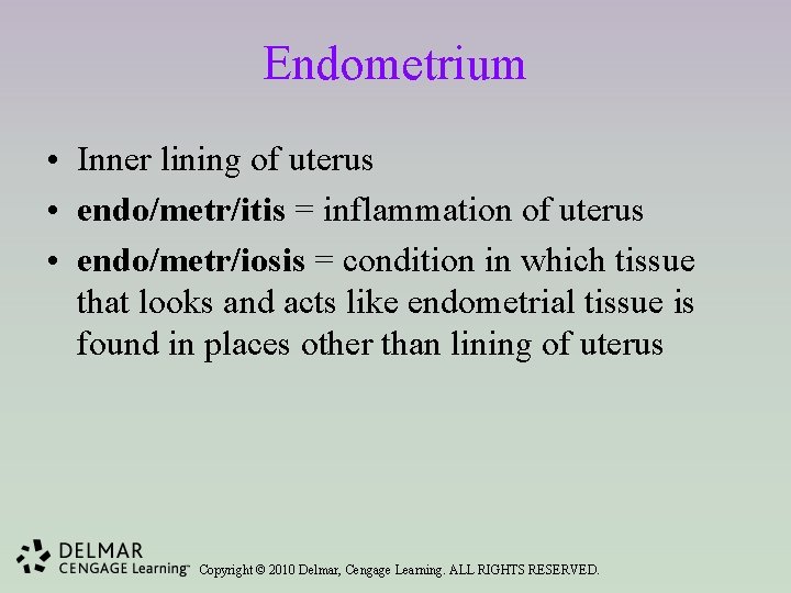 Endometrium • Inner lining of uterus • endo/metr/itis = inflammation of uterus • endo/metr/iosis