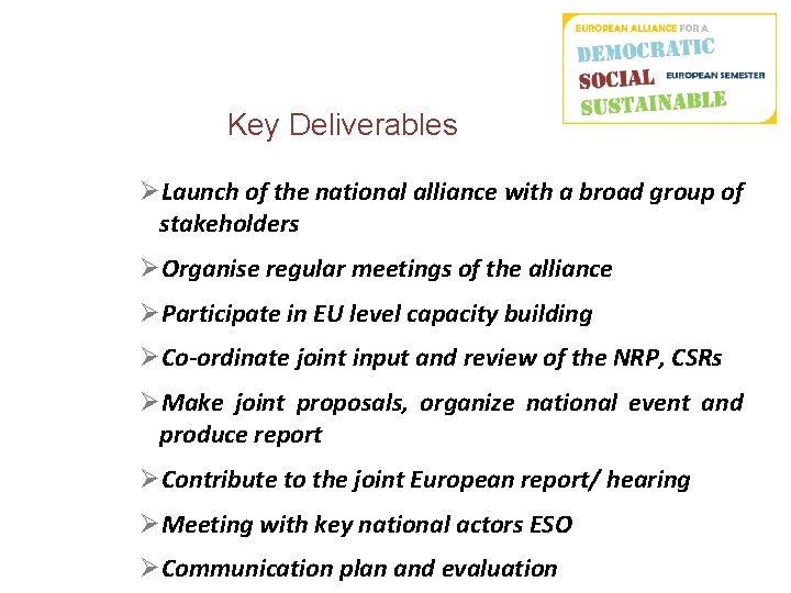 Key Deliverables ØLaunch of the national alliance with a broad group of stakeholders ØOrganise Key Deliverables ØLaunch of the national alliance with a broad group of stakeholders ØOrganise