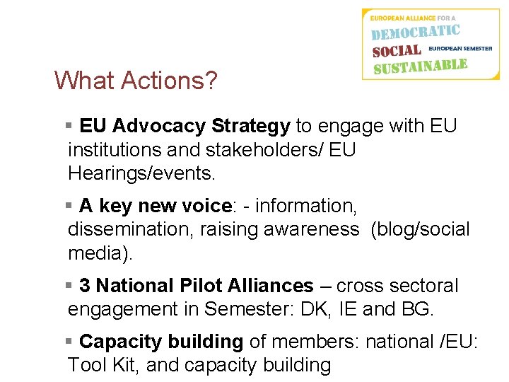 What Actions? § EU Advocacy Strategy to engage with EU institutions and stakeholders/ EU
