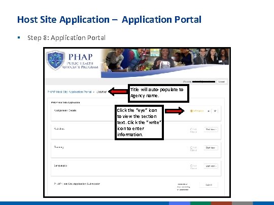 Host Site Application – Application Portal § Step 8: Application Portal Title will auto-populate Host Site Application – Application Portal § Step 8: Application Portal Title will auto-populate