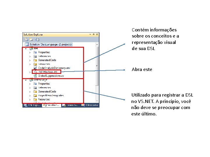 Contém informações sobre os conceitos e a representação visual de sua DSL Abra este