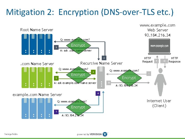 Mitigation 2: Encryption (DNS-over-TLS etc. ) www. example. com Web Server 93. 184. 216. Mitigation 2: Encryption (DNS-over-TLS etc. ) www. example. com Web Server 93. 184. 216.