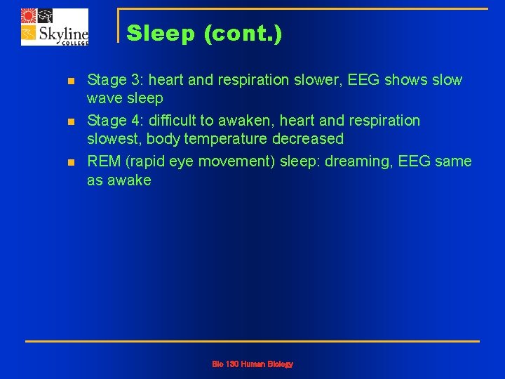 Sleep (cont. ) n n n Stage 3: heart and respiration slower, EEG shows