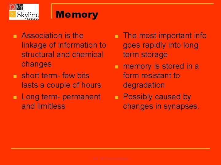 Memory n n n Association is the linkage of information to structural and chemical