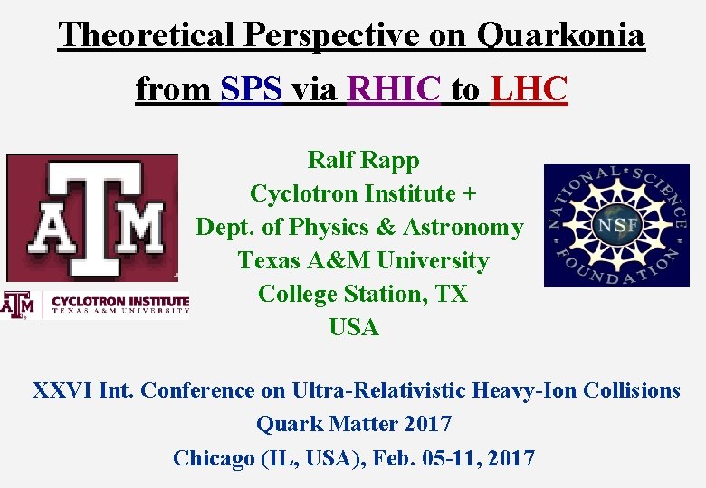 Theoretical Perspective on Quarkonia from SPS via RHIC to LHC Ralf Rapp Cyclotron Institute