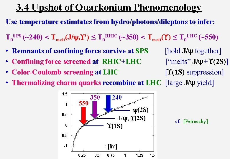 3. 4 Upshot of Quarkonium Phenomenology Use temperature estimtates from hydro/photons/dileptons to infer: T