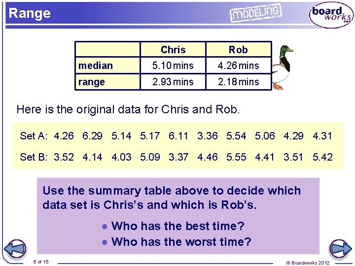 Range Chris Rob median 5. 10 mins 4. 26 mins range 2. 93 mins