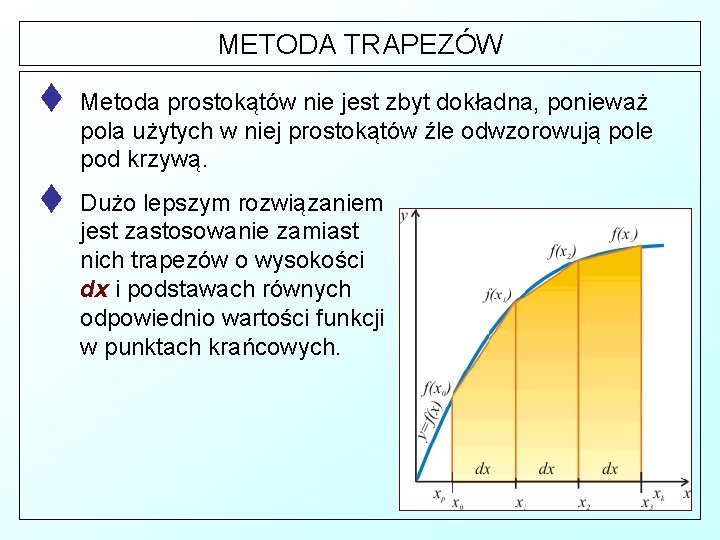 METODA TRAPEZÓW t Metoda prostokątów nie jest zbyt dokładna, ponieważ pola użytych w niej