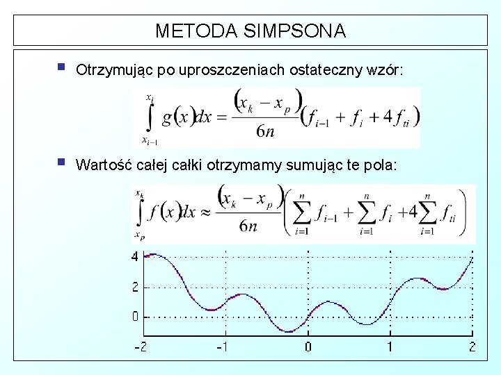 METODA SIMPSONA § Otrzymując po uproszczeniach ostateczny wzór: § Wartość całej całki otrzymamy sumując