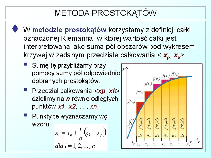 METODA PROSTOKĄTÓW t W metodzie prostokątów korzystamy z definicji całki oznaczonej Riemanna, w której