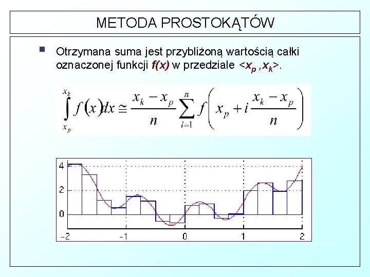 METODA PROSTOKĄTÓW § Otrzymana suma jest przybliżoną wartością całki oznaczonej funkcji f(x) w przedziale