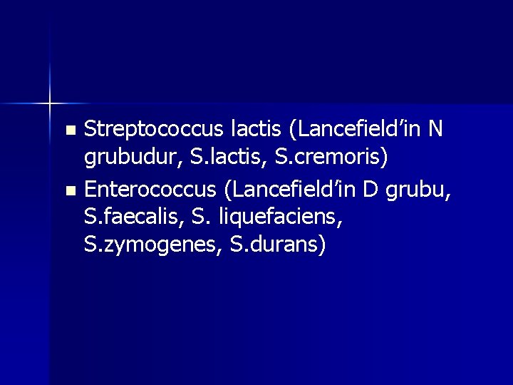 Streptococcus lactis (Lancefield’in N grubudur, S. lactis, S. cremoris) n Enterococcus (Lancefield’in D grubu,