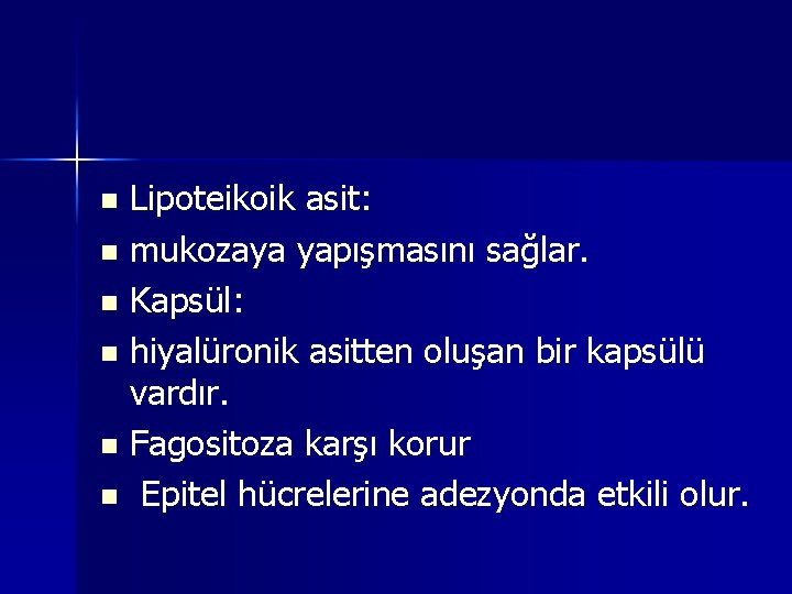 Lipoteikoik asit: n mukozaya yapışmasını sağlar. n Kapsül: n hiyalüronik asitten oluşan bir kapsülü