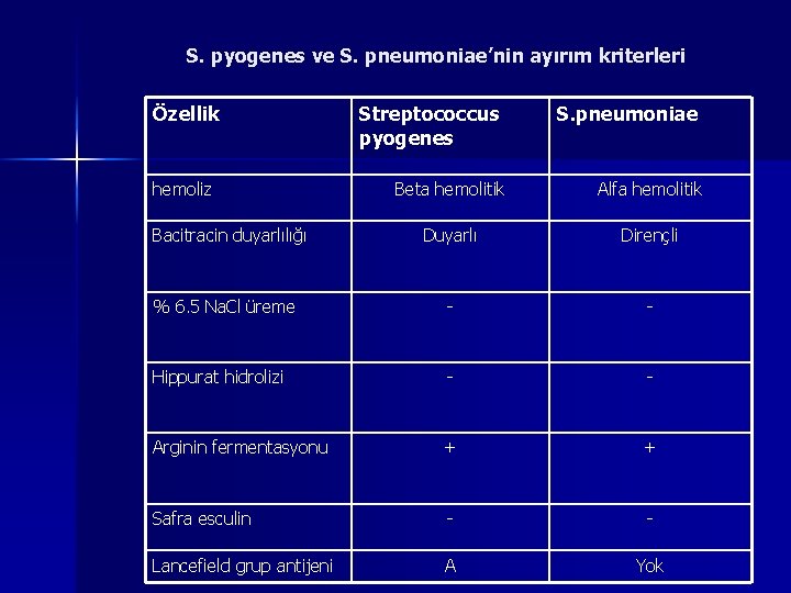 S. pyogenes ve S. pneumoniae’nin ayırım kriterleri Özellik hemoliz Streptococcus pyogenes S. pneumoniae Beta