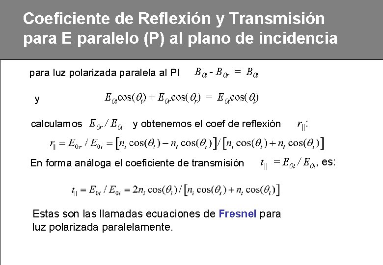 Coeficiente de Reflexión y Transmisión para E paralelo (P) al plano de incidencia For