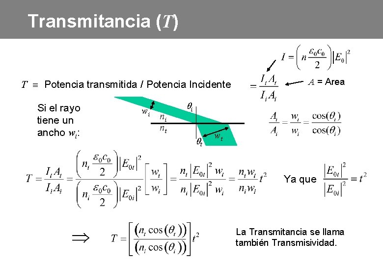 Transmitancia (T) T º Potencia transmitida / Potencia Incidente Si el rayo tiene un