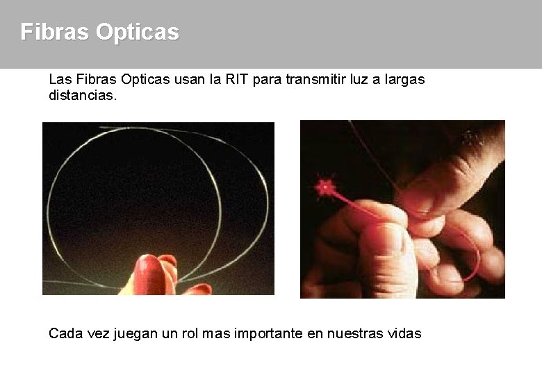 Fibras Opticas Las Fibras Opticas usan la RIT para transmitir luz a largas distancias.