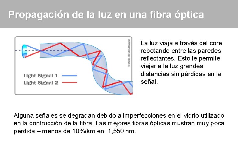 Propagación de la luz en una fibra óptica La luz viaja a través del