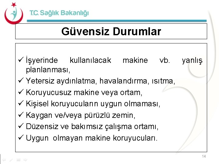 Güvensiz Durumlar ü İşyerinde kullanılacak makine vb. yanlış planlanması, ü Yetersiz aydınlatma, havalandırma, ısıtma,