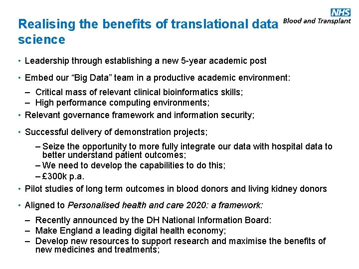 Realising the benefits of translational data science • Leadership through establishing a new 5