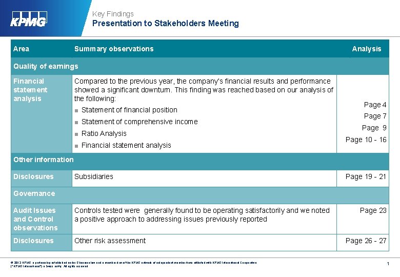 Key Findings Presentation to Stakeholders Meeting Area Summary observations Analysis Quality of earnings Financial