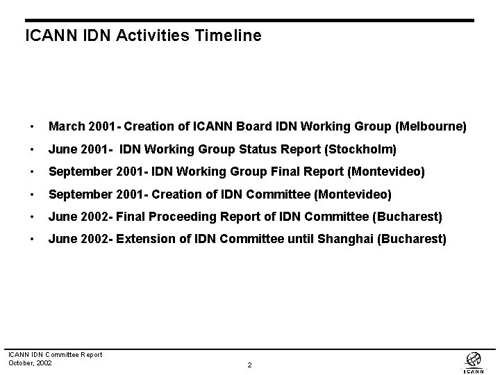 ICANN IDN Activities Timeline • March 2001 - Creation of ICANN Board IDN Working