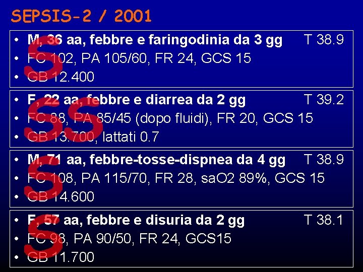 SEPSIS-2 / 2001 • M, 36 aa, febbre e faringodinia da 3 gg •