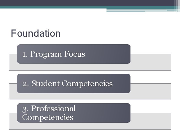 Foundation 1. Program Focus 2. Student Competencies 3. Professional Competencies 