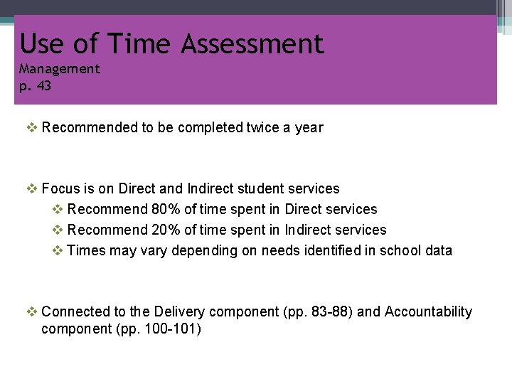 Use of Time Assessment Management p. 43 v Recommended to be completed twice a