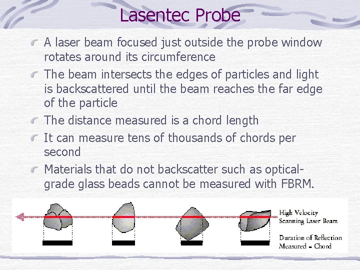 Lasentec Probe A laser beam focused just outside the probe window rotates around its Lasentec Probe A laser beam focused just outside the probe window rotates around its