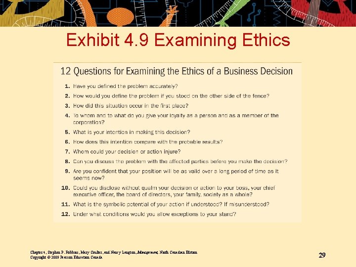 Exhibit 4. 9 Examining Ethics Chapter 4, Stephen P. Robbins, Mary Coulter, and Nancy