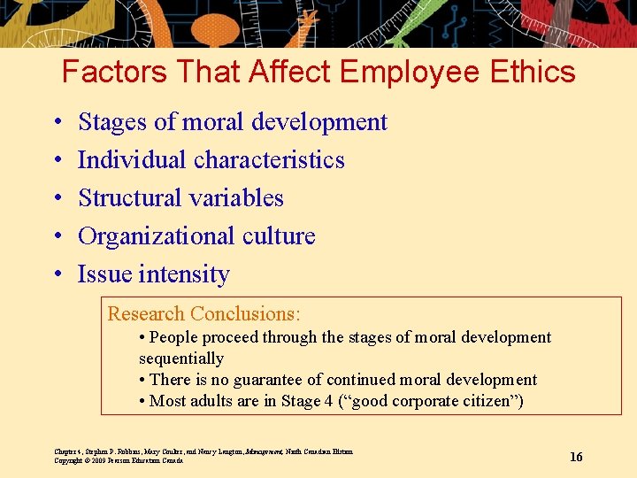 Factors That Affect Employee Ethics • • • Stages of moral development Individual characteristics